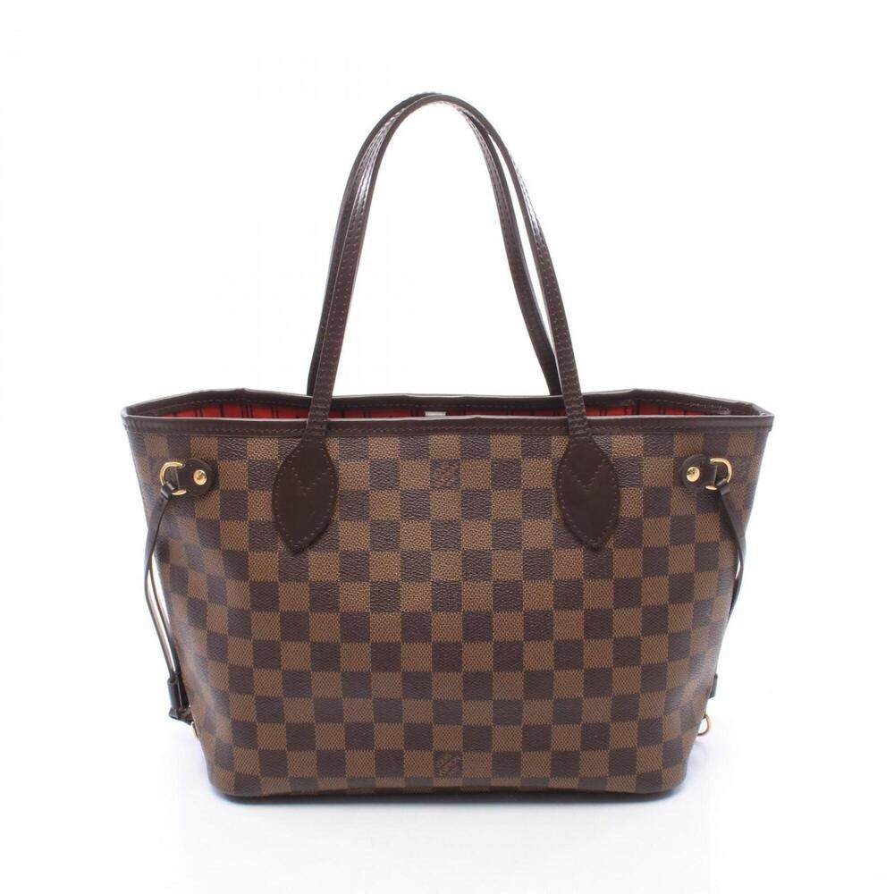 Louis Vuitton Neverfull PM Damier Ebene Tote Bag Handbag Coated Canvas Leathe...